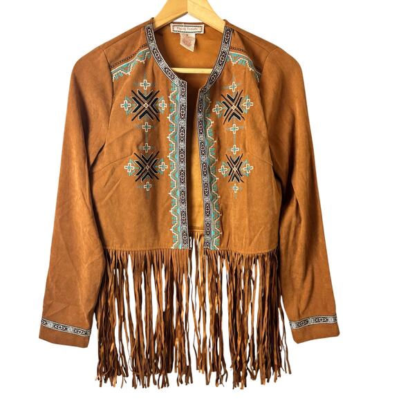 Flying Tomato Fringe Jacket Brown Faux Suede Womens Medium Boho Southwest Hippie - Picture 1 of 11